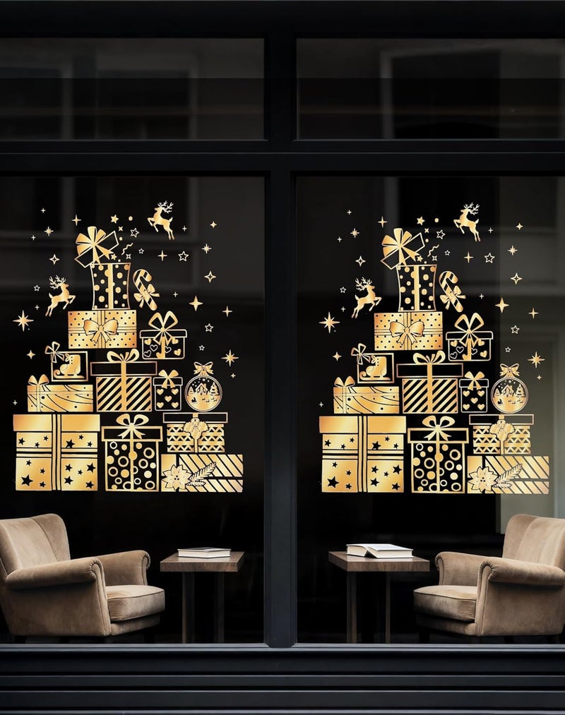 Nullyda Christmas Tree Window Clings for Glass, 19.69 * 15.75 Inch Large Golden Snowflake & Tree Decals, Removable Sticker for Glass Wall Mural Door Showcase DIY Christmas Decor - 2 Pack (Style B) - Image 2